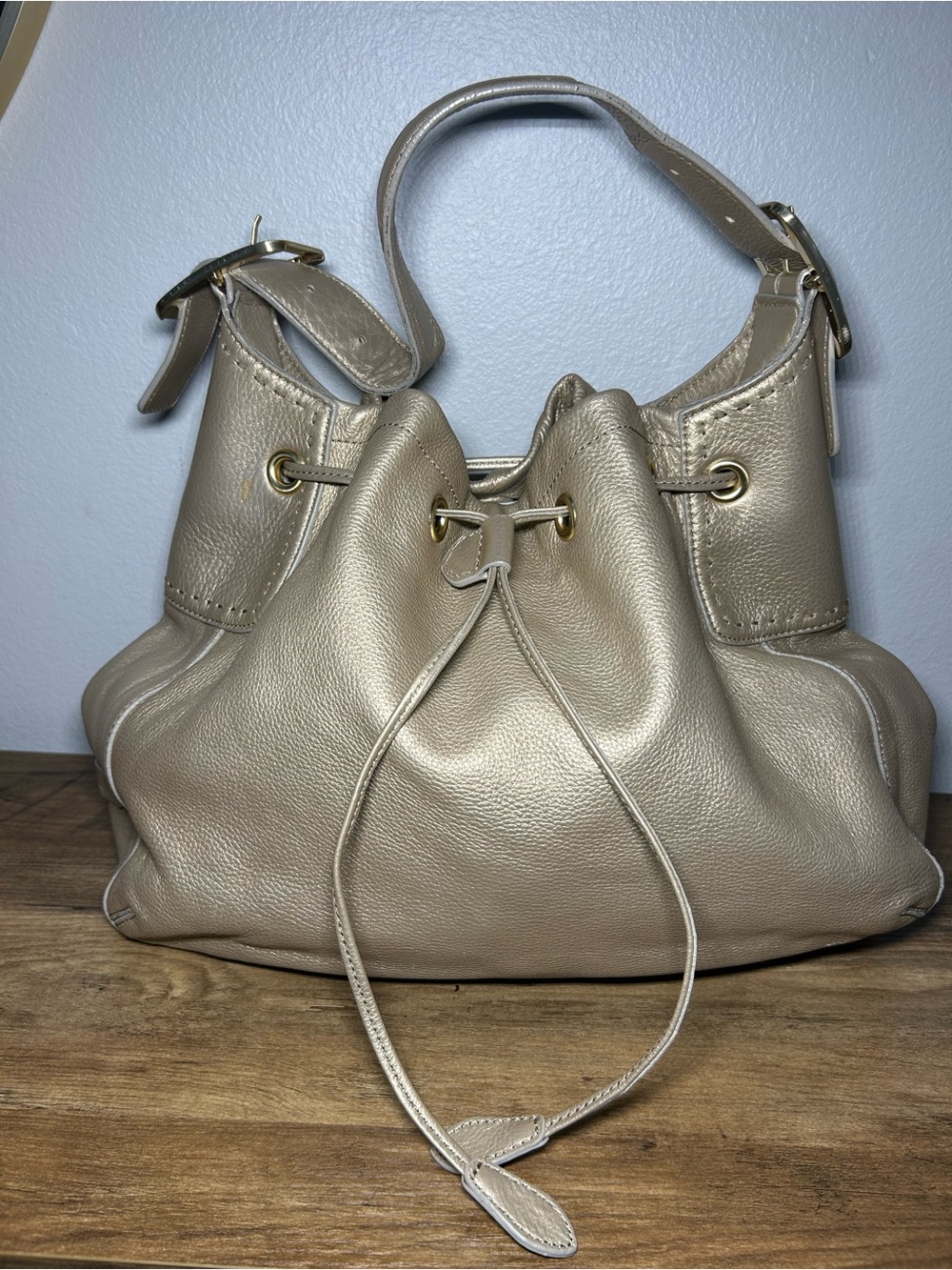Cole Haan Metallic Taupe Drawstring Hobo Bag